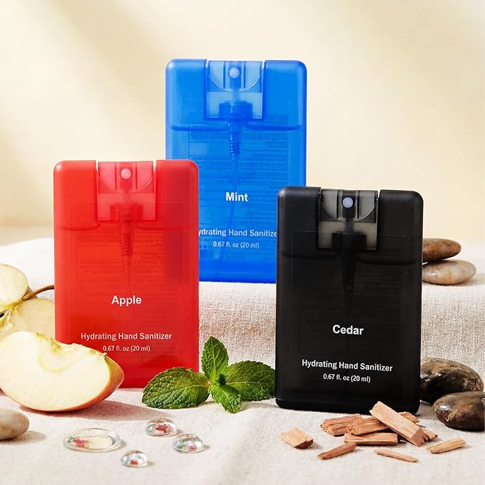 Set of 3 Powerful Mist Hydrating Hand Sanitizer Spray Bulk Travel Size Refreshing Hand Sanitizer 0.67 Fl. oz Compact Card Spray Bottle Mint Apple Cedar Scent for Daily Personal Use Gift