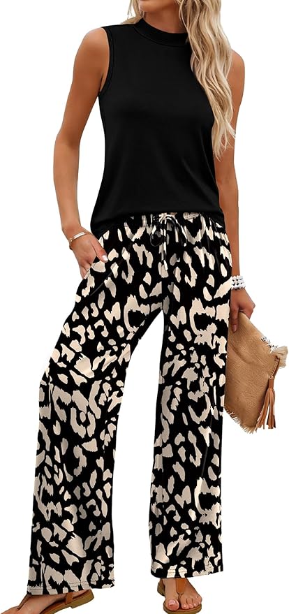 WIHOLL Two Piece Set for Women Summer Spring Outfits Cruise Travel Airport Beach Vacation Mock Neck Wide Leg Pants Set