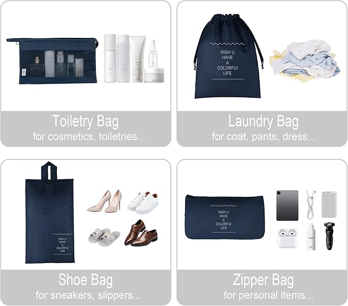 Vercord 8 Set Travel Packing Pods Luggage Organizers Cubes with Laundry Bags Accessories