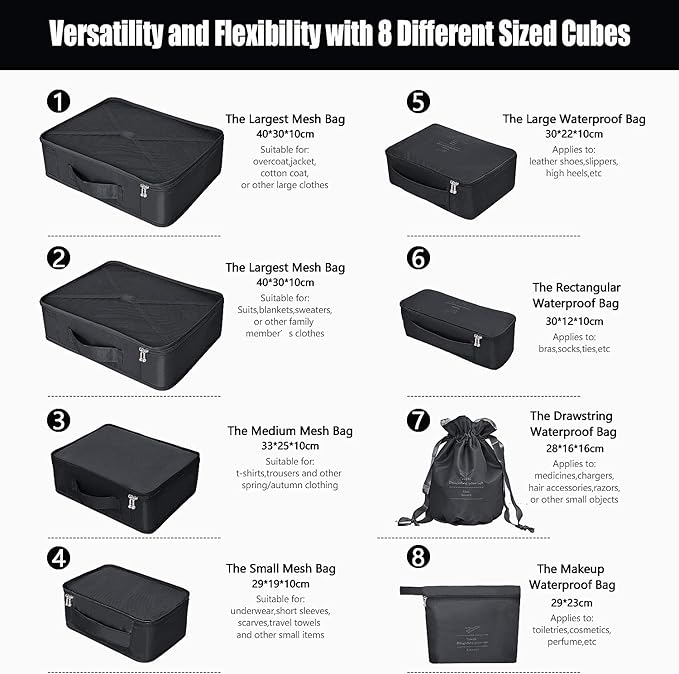 Packing Cubes 8 Sets/7 Colors Travel Luggage Organizers Include Waterproof Shoe Storage Bag Convenient Packing Pouches for Traveller (Black)