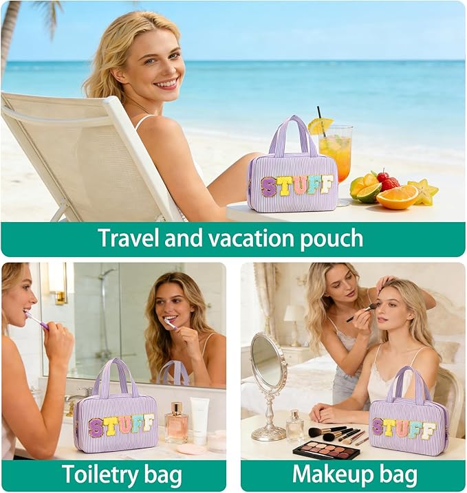 Hanging Toiletry Bag for Women Chenille Letter Travel Cosmetic Bag Fashion Stripes Water-resistant Makeup Bag for Store Toiletries Cosmetic Accessories Medium Purple
