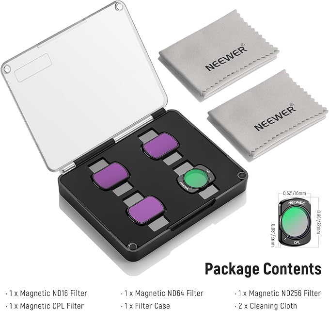NEEWER CPL ND Filter Kit Compatible with DJI Osmo Pocket 4 & Pocket 3 Creator Combo Accessories, Multicoated HD Magnetic Circular Polarizing ND16 ND64 ND256 Filter Set with 2X Cleaning Cloth