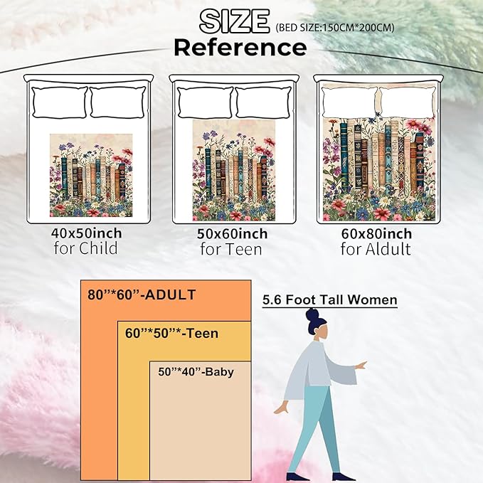 Vintage Book Blanket Gifts for Kids Girls Women,Retro Readers and Floral Throw Blankets,Soft Comfy Lightweight for Room Couch Bed Modern Reading Decor,Literary Lover 60x80in