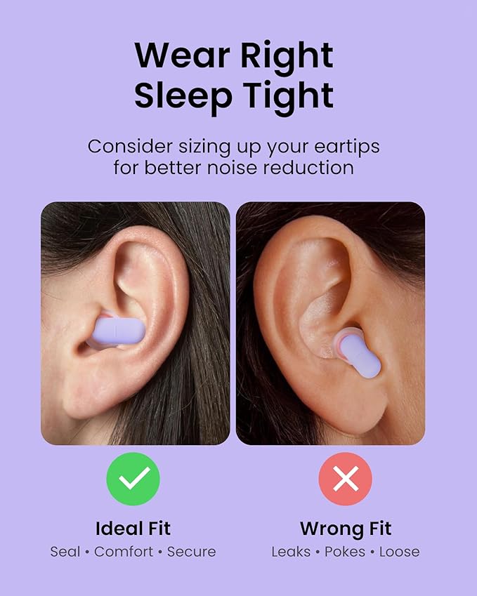 Ear Plugs for Sleeping All-Night Wear without Ear Pain Side Sleeper Patent Qufits Eartips Ultra-Comfy Reusable Earplugs for Sleep, Focus, Study, Travel, 23dB Noise Reduction - Violet