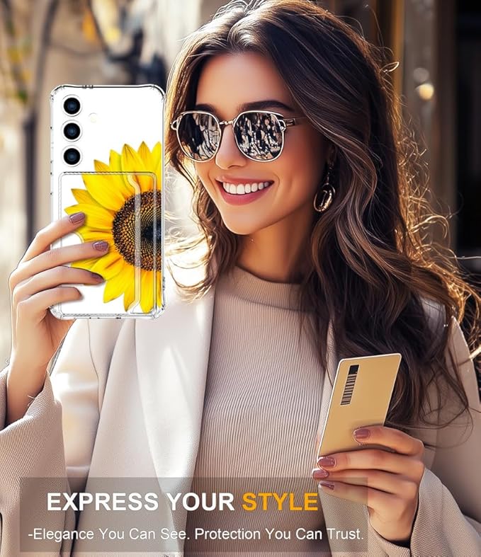 Compatible with Samsung Galaxy S24 / S25 Case Card Holder for Women Cute Design,Wallet Phone Cases Transparent Cool Kawaii Protective (Clear Sunflower Sun Flower)