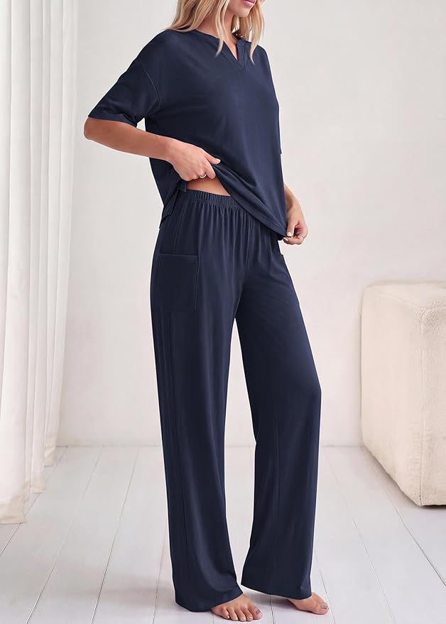 KIRUNDO Womens 2 Piece Matching Lounge Set Airport Travel Vacation Summer Outfits Oversized Short Sleeve Tops Wide Leg Pants