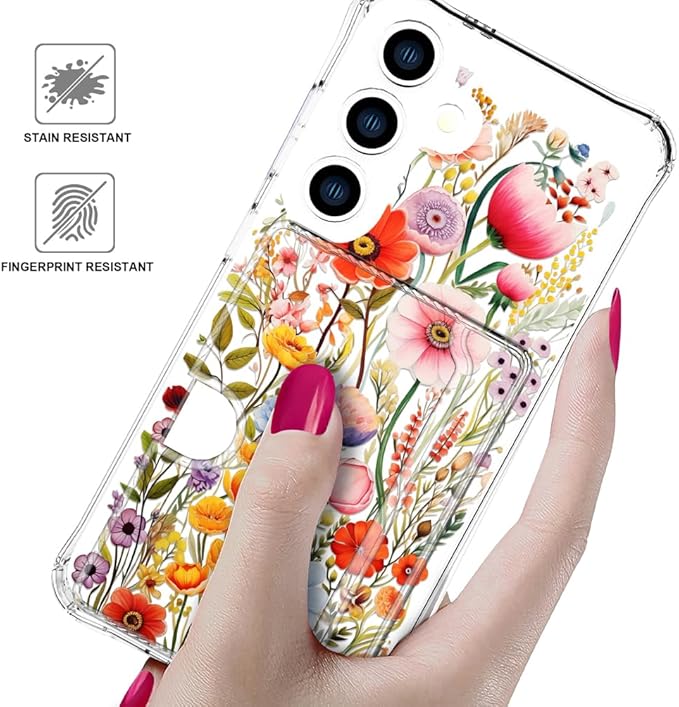 Compatible with Samsung Galaxy S24 / S25 Case Card Holder for Women Cute Design,Wallet Phone Cases Transparent Cool Kawaii Protective (Clear Flowers Lily Girly Florals)