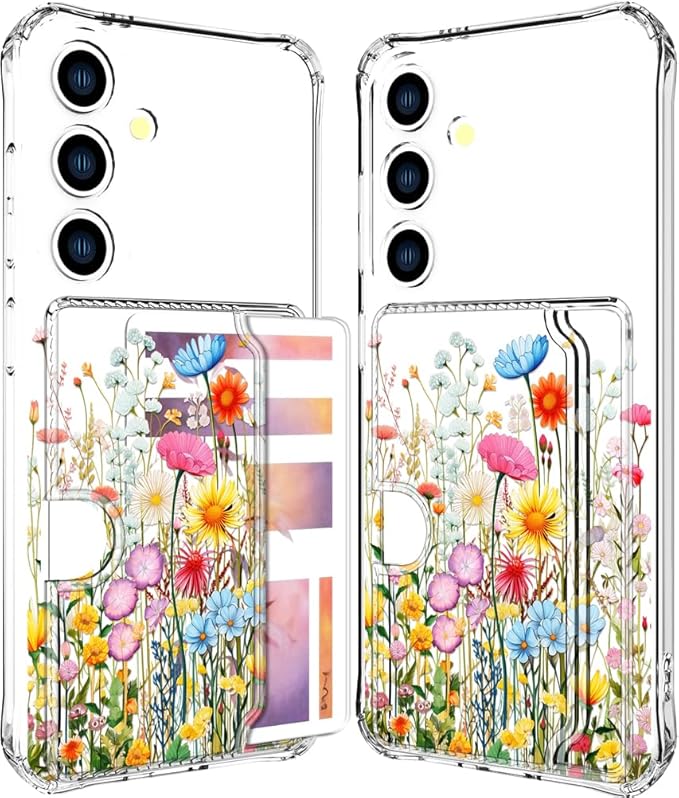 Compatible with Samsung Galaxy S24+ Plus / S25+ Plus Case Card Holder for Women Cute Design,Wallet Phone Cases Transparent Cool Kawaii Protective (Clear Flowers Herbs Wild Plants)