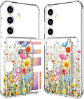 Compatible with Samsung Galaxy S24 / S25 Case Card Holder for Women Cute Design,Wallet Phone Cases Transparent Cool Kawaii Protective (Clear Flowers Herbs Wild Plants)
