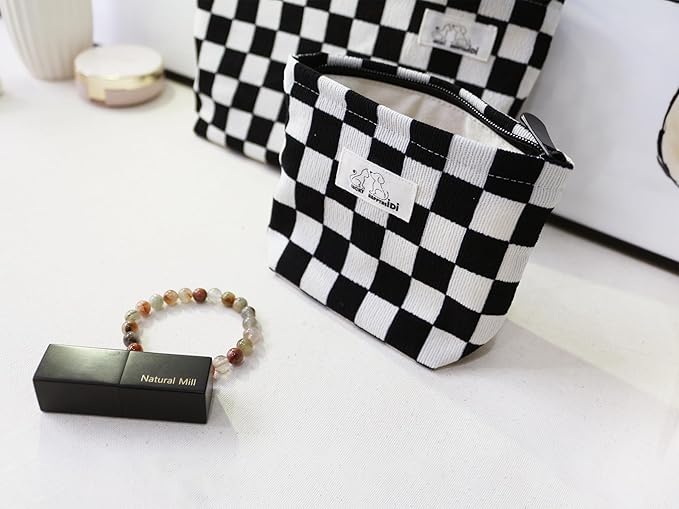 HAPPYHEIDI Women Checkered Corduroy Makeup Bag Cosmetic Pouch Purse Organiser, Canvas Lining, Cute Black White