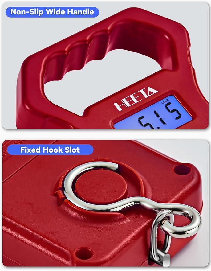 HEETA Fish Scale, 110lb/50kg Digital Portable Hanging Fishing Weight Scale with Backlit LCD Display, Luggage Scale with Hook, Non-Slip Large ABS Handle & 2 AAA Batteries, Fishing Gifts Gear for Men