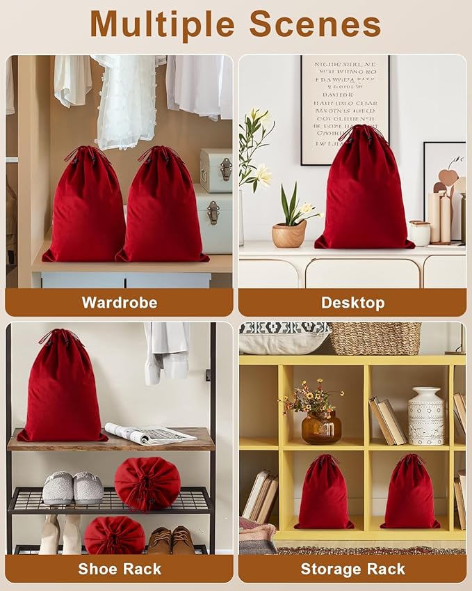 FantasyLife Shoe Bags for Travel, Washable Dust Bags for Storage & Packing, Flannel Shoe Pouch with Drawstring Closure for Purses, Handbags, Shoes & Toys (4, Rio Red, 17.3"x12.6")