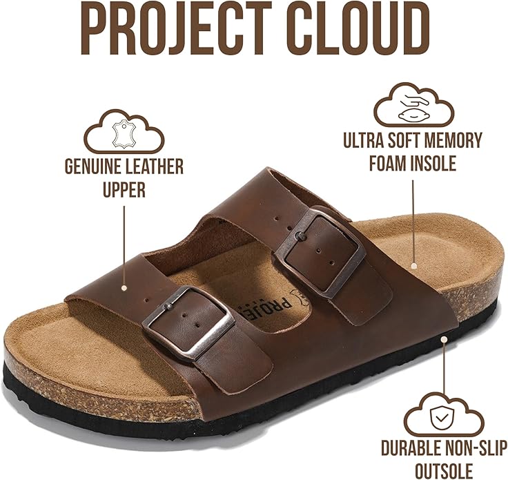 Project Cloud 100% Genuine Leather Flat Sandals For Women 2026 Cork Footbed Womens Sandals with Memory Foam and arch support Vacation Essentials Slides for Women Footwear (Venita)