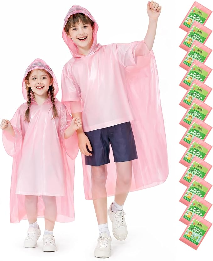 Hitituto Rain Ponchos Family Pack Kids– 6/12/24 Pack Disposable Poncho with Hood, Clear & Assorted Colors, Home Survival Kits