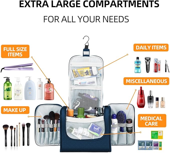 Buruis Extra Large Toiletry Bag for Women and Men, Hanging Travel Bag with Detachable Shoulder Strap for Full-Sized Toiletries, Water-Resistant Dopp Kit for Family Use and Long Trips, Oxford Gray