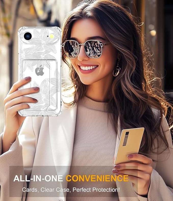 Compatible with iPhone 17 Air Case Card Holder for Women Cute Design,Wallet Phone Cases Transparent Cool Kawaii Protective (Clear Flower White)