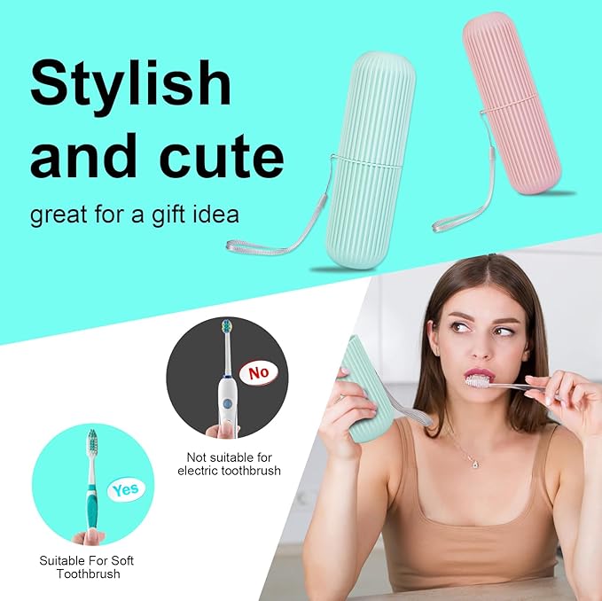 UCEC Travel Toothbrush Case, Toothbrush Holder Travel, Toothbrush Case for Traveling, Camping, Home, School, Business, Bathroom, 7.7" x 2.36" x 2.36" for Soft Toothbrush Up To 7.4 inch (Green, Pink)