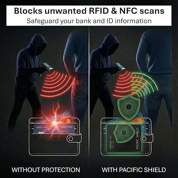 PACIFIC SHIELD RFID Blocking Card (4 Pack) - Secure your Wallet - Premium Protector for Credit Card, Debit Card, ID and Passport - NFC Blocker Travel Defender