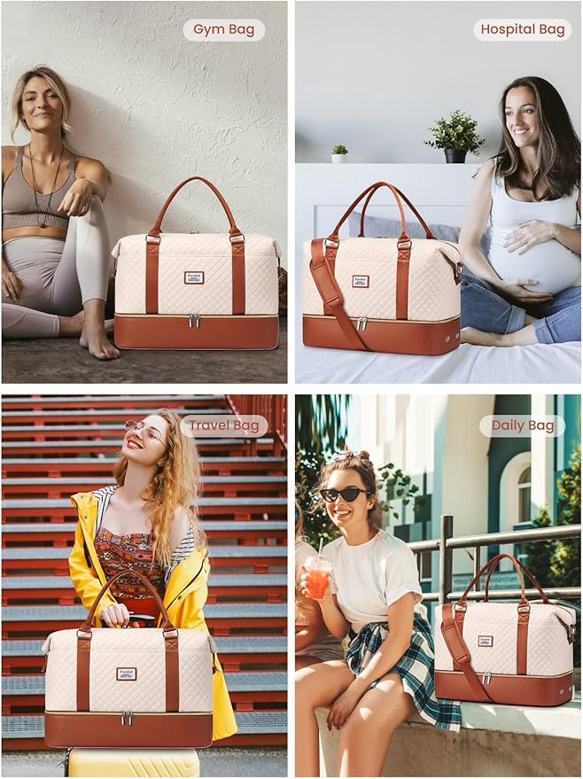 Travel Weekender Duffle Bags for Women: Overnight Bags with Shoe Compartment Large Carry on Weekend Bag with Toiletry & Wet Pocket Tote Duffel Bag Hospital Bag for Women Labor Delivery Begie Brown