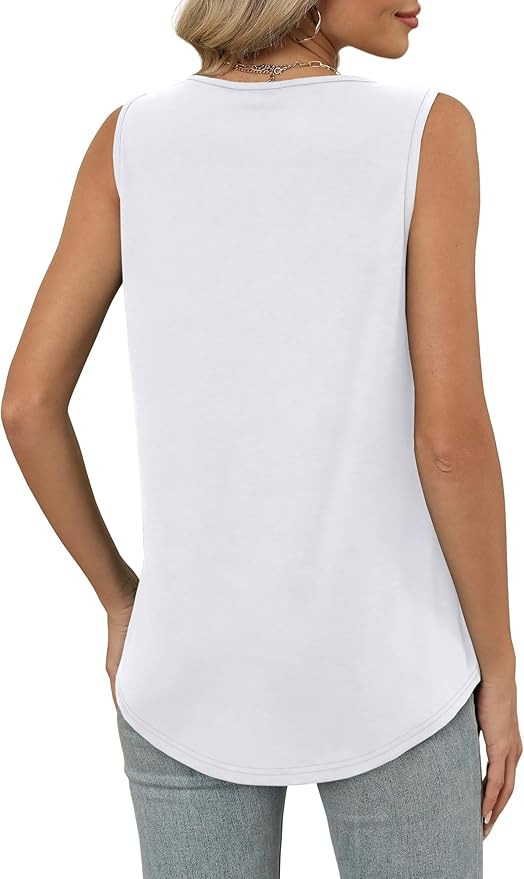 OFEEFAN Tank Top for Women Loose Fit Sleeveless Shirts V Neck Summer Clothes Ruched Women's Tees and Tanks Curved Hem