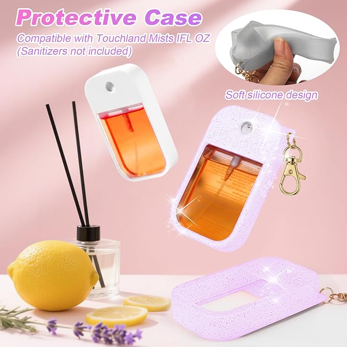 AIERSA 3pcs Hand Sanitizer Spray Case Compatible with Touchland,Rabbit Ears Design Silicone Hand Sanitizer Case Holder with Keychain for Touch Land Mist Case 1FL. OZ (Pink+White+Purple)