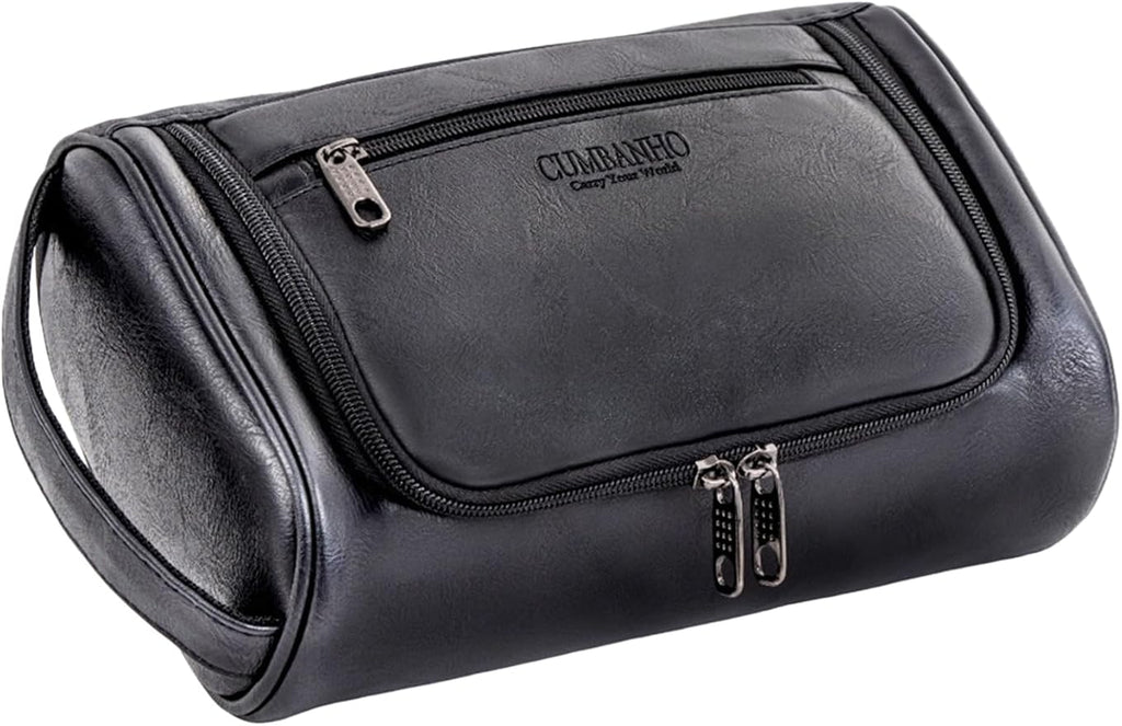 Mens Toiletry Bag,Compact Dopp Kit for Men Travel, PU Leather Shaving Kit, Water-Resistant Minimalist Organizer with Wrist Strap,Travel Toiletry Bag, Gift for Men,Large 10x6.5x4"Classic Black