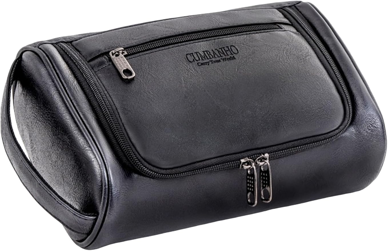 Mens Toiletry Bag,Compact Dopp Kit for Men Travel, PU Leather Shaving Kit, Water-Resistant Minimalist Organizer with Wrist Strap,Travel Toiletry Bag, Gift for Men,Large 10x6.5x4"Classic Black
