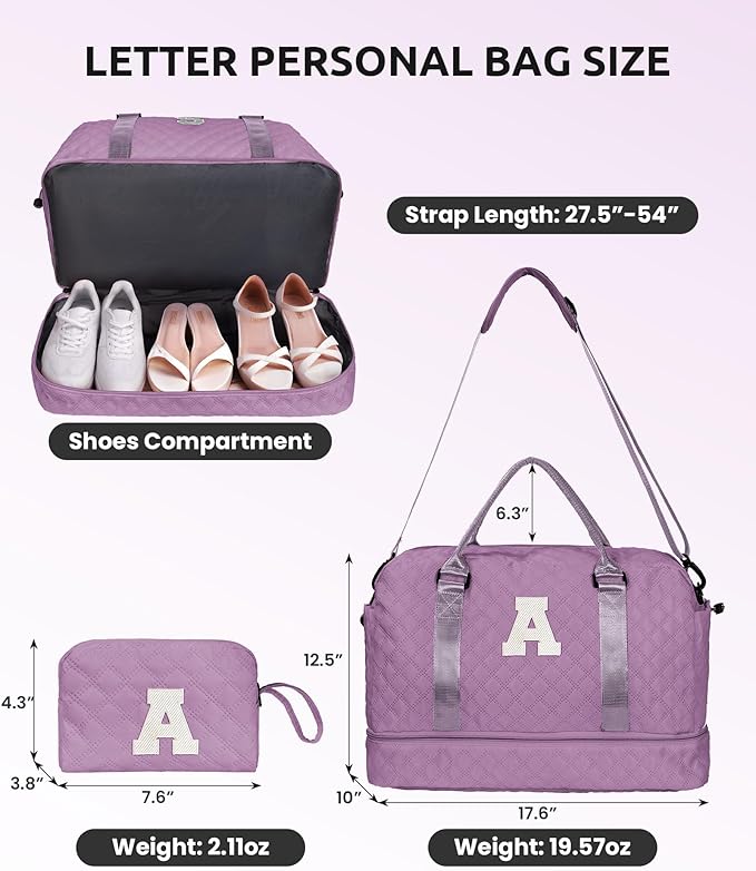 Gifts for Teen Girls - Initial Dual Compartment Personalized Weekender, Overnight Travel Bag with Monogram, Makeup Holder (Letter H)