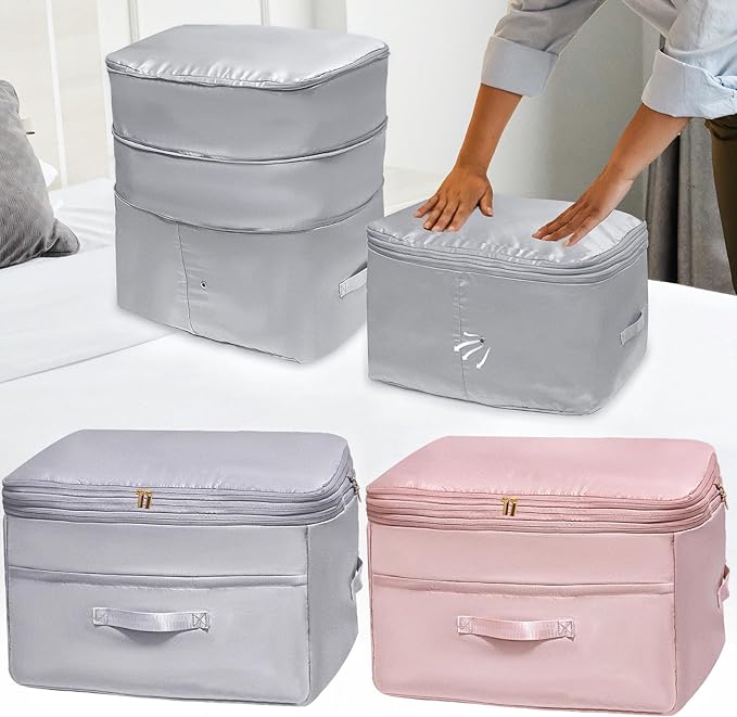 Ultra Space Saving Self Compression Organizers, 2 Pack Double Zipper Compression Packing Cubes for Bedding, Comforter Storage Bag for Blankets Duvet Quilts Pillows Queen King (Gray & Pink X-Large)
