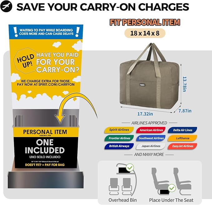 For Frontier Airlines Personal Item Bag 18x14x8 Underseat Travel Duffel Bag Carry on Luggage for Women and Men 30L (With Shoulder Strap)