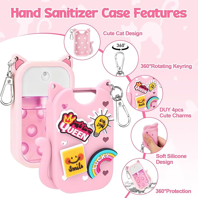 Mity rain Hand Sanitizer Spray Case Compatible With Touchland, Cute Silicone Hand Sanitizer Holder Keychain with 4 Charms, Portable Refillable Sanitizer Accessory, Gift for Women And Teens