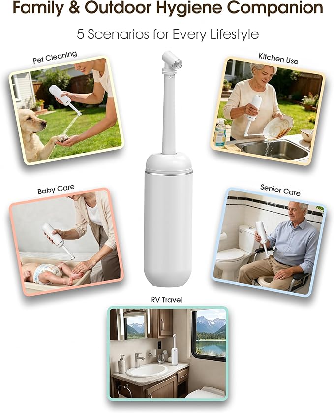 Portable Bidet for Travel & Camping - Manual Squeeze Handheld Peri Bottle for Feminine Hygiene, 3 Leak-Proof Seals, Extendable Sprayer with Rotating Nozzle for Men & Women (White, General)