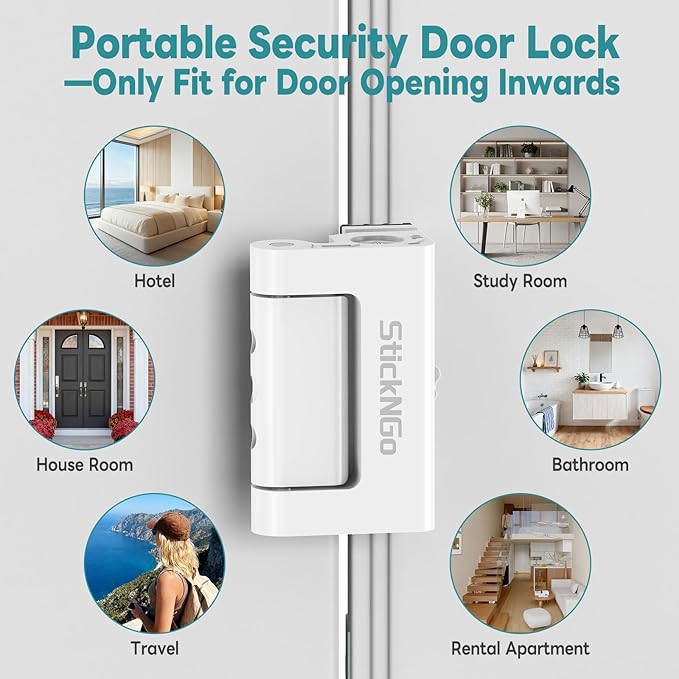 Upgraded Portable Security Door Reinforcement Lock - No Drilling Flip Lock Latch Prevents Unauthorized Entry Fits Inward-Opening Doors, Apartment, Hotel, Travel (White-1 Pc)