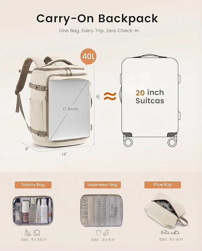 LOVEVOOK Travel Backpack for Women & Men, 40L TSA Approved Carry On Backpack with 3 Packing Cubes, Waterproof Weekender Overnight Bag for 2-4 Day Trips, Business & Travel Essentials, Khaki-Beige