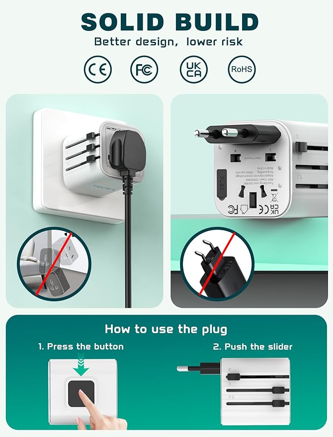 Universal Travel Adapter Worldwide, TECSIX Compact Travel Power Plug Adapter (Type A C G I), 2500W Internetional Wall Charger Outlet Adaptor to Europe, India, UK, US, AUS, Asia 200+ Countries