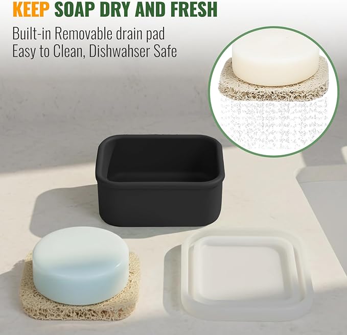 AIMAIAIMAI Shampoo Bar Travel Case Compatible with Kitsch, Leakproof Silicone Small Travel Soap Case with Draining Pad, Portable Soap Container for Gym & Camping, 1 Pack (Black)