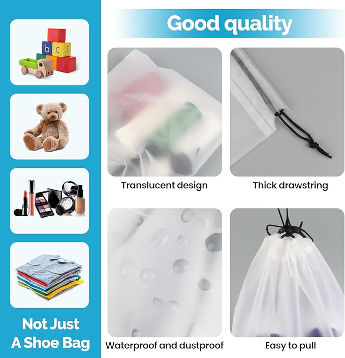6 Pack Transparent Shoe Bags for Travel, Large Clear Drawstring Shoe Organizer Bags for Men & Women, PE Waterproof Dustproof Portable Shoe Storage Pouch for Luggage, Backpack, Gym