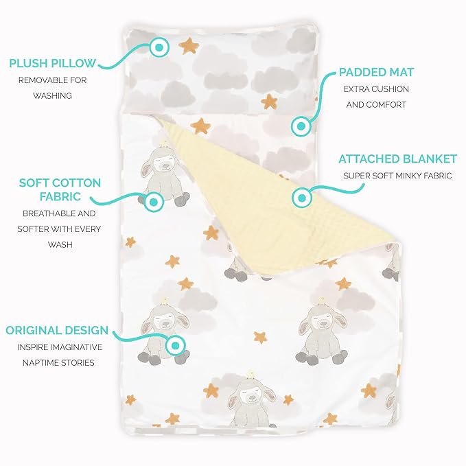 JumpOff Jo Nap Mat for Kids - Cozy Kids Rest Mat with Removable Pillow and Ultra Soft Blanket for Preschool, Daycare, and Sleepovers - Little Lamb