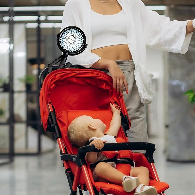 Comfort Zone Portable Stroller Fan – Rechargeable Battery Operated Clip-On Fan with 360° Flexible Tripod & LED Light – 3-Speed Cooling for Car Seats, Cribs, Treadmills & Travel – Silver