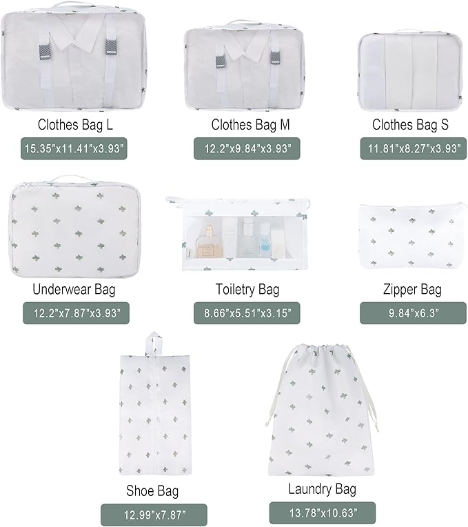Vercord 8 Set Travel Packing Pods Luggage Organizers Cubes with Laundry Bags Accessories