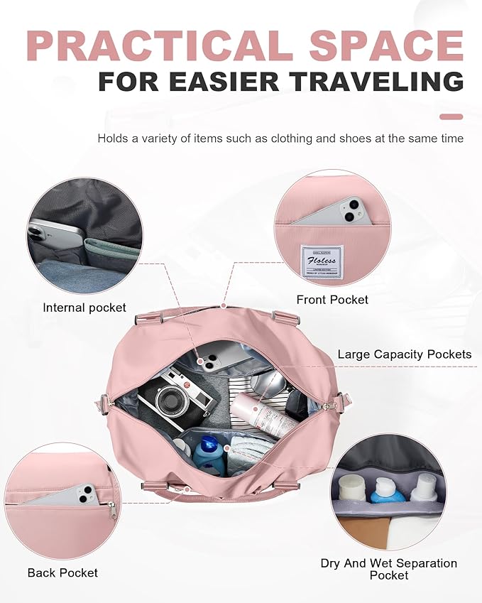 Travel Duffel Bag, 18x14x8 Inches Travel Bag Spirit with Shoes Compartment, Weekender Overnight Bag for Women with Trolley Sleeve, Carry On Bag for Airplanes Sport Tote Gym Bag Pink
