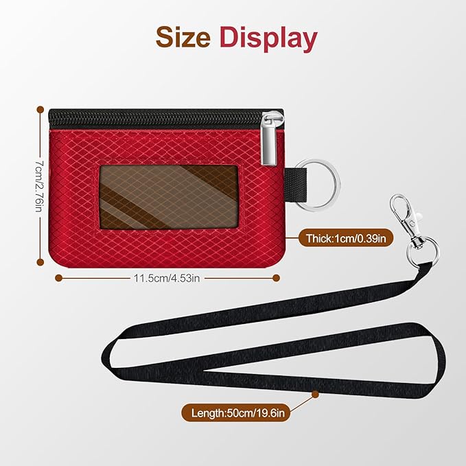 Minimalist RFID Blocking Small Wallet with ID Window,WaterResistant Zip Id Case Wallet with Lanyard Keychain for Cards,Cash,Travel,Women,Men (Red/Brown)