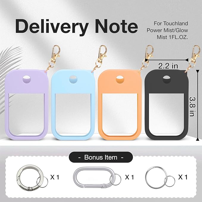 4 PCS Soft Silicone Case for Touchland Power Mist (1FL. OZ./30 mL), Protective and Stylish Case with Keychain Compatible with Touchland Hand Sanitizer Spray (Purple/Blue/Orange/Black)