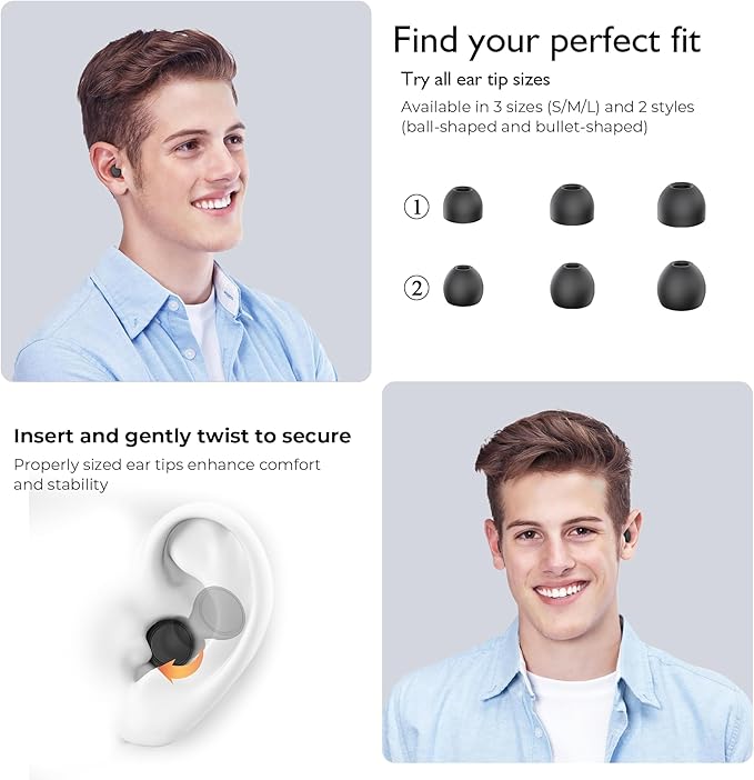 Jayine 2 Pairs Ear Plugs for Sleeping, Soft Full Silicone Ear Plugs for Noise Reduction 25dB, Reusable Hearing Protection Earplugs for Concert, Focus, Noise Sensitivity, 8 Ear Tips in S/M/L - Black