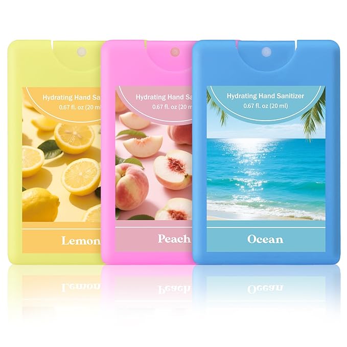 Set of 3 Power Mist Hydrating Hand Sanitizer Spray Bulk Travel Size Refreshing Hand Sanitizer 0.67 Fl. oz Compact Card Spray Bottle Peach Lemon Ocean Scent for Summer Party Favors Family Gifts