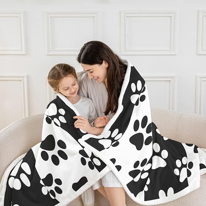 Dog Paws Print Kids Throw Blanket, Cute Animals Pets Geometric Waves Patchwork Fleece for Girls Boys Adults, Black White Fuzzy, 50 x 60 Inches