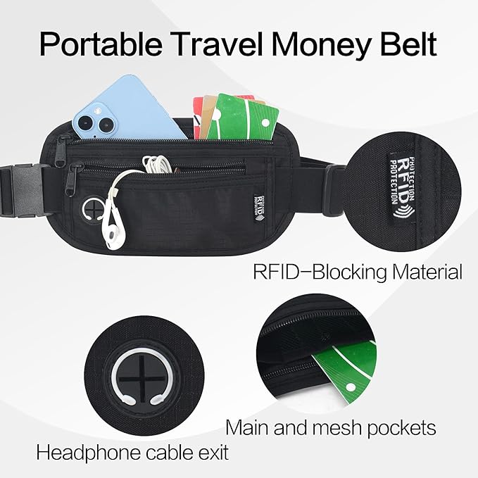 Slim Money Belt for Travel - Anti-Theft Hidden Passport Holder Waist Wallet with Secure Pouch for Cash, Credit Cards & Phone Safe (Small Black)
