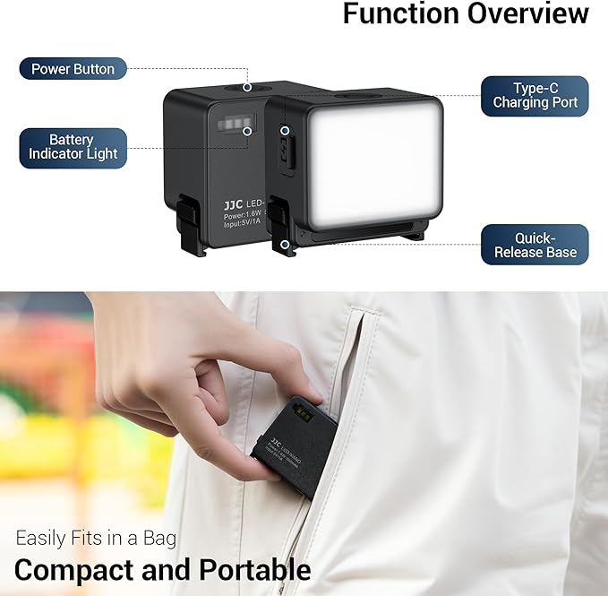 JJC Action 6 LED Light Magnetic Auxiliary Fill Light for DJI Osmo Nano & Action 6 Accessories, Rechargeable IPX5 Waterproof Mini Video Light, Action6 Accessories for Selfie Vlog Recording Lightweight