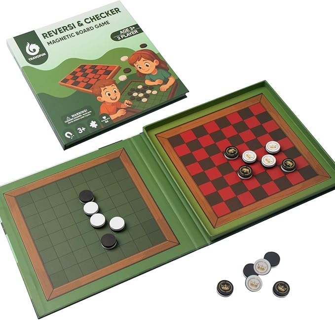 2-in-1 Checkers & Reversi Board Game | Magnetic Travel Games for Kids 8-12 | Plane Activities for Kids Ages 8-12 | Foldable Magnetic Checkers & Travel Activities