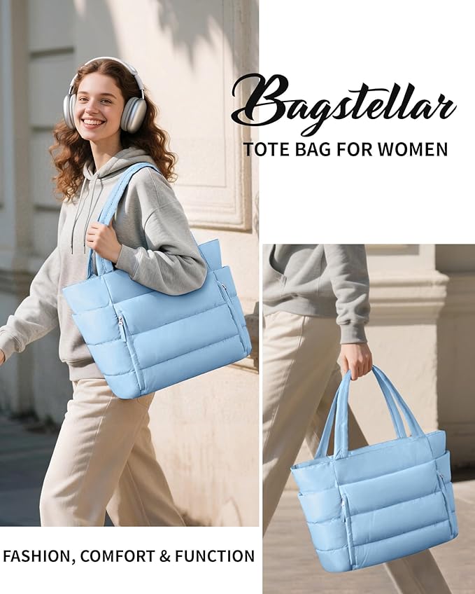 Bagstellar Puffer Tote Bag for Women, Lightweight Puffy Work Handbag Teacher Nurse Quilted Shoulder Bag for School Travel Gym | Cloud Bag w/ Zipper, Daily College Bags, 15.6" Computer Bag, Clinical Nursing Bag, 40 OZ Tumbler Holder, Ideal Gift for Women